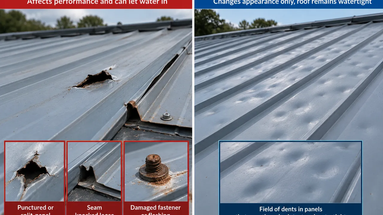 Side-by-side comparison photo of functional and cosmetic damages to roof.