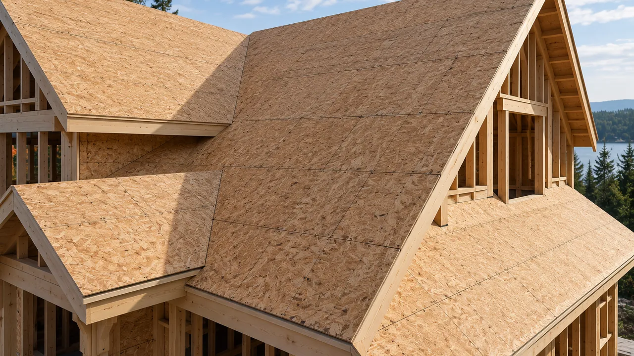 Roof decking of a house under construction.