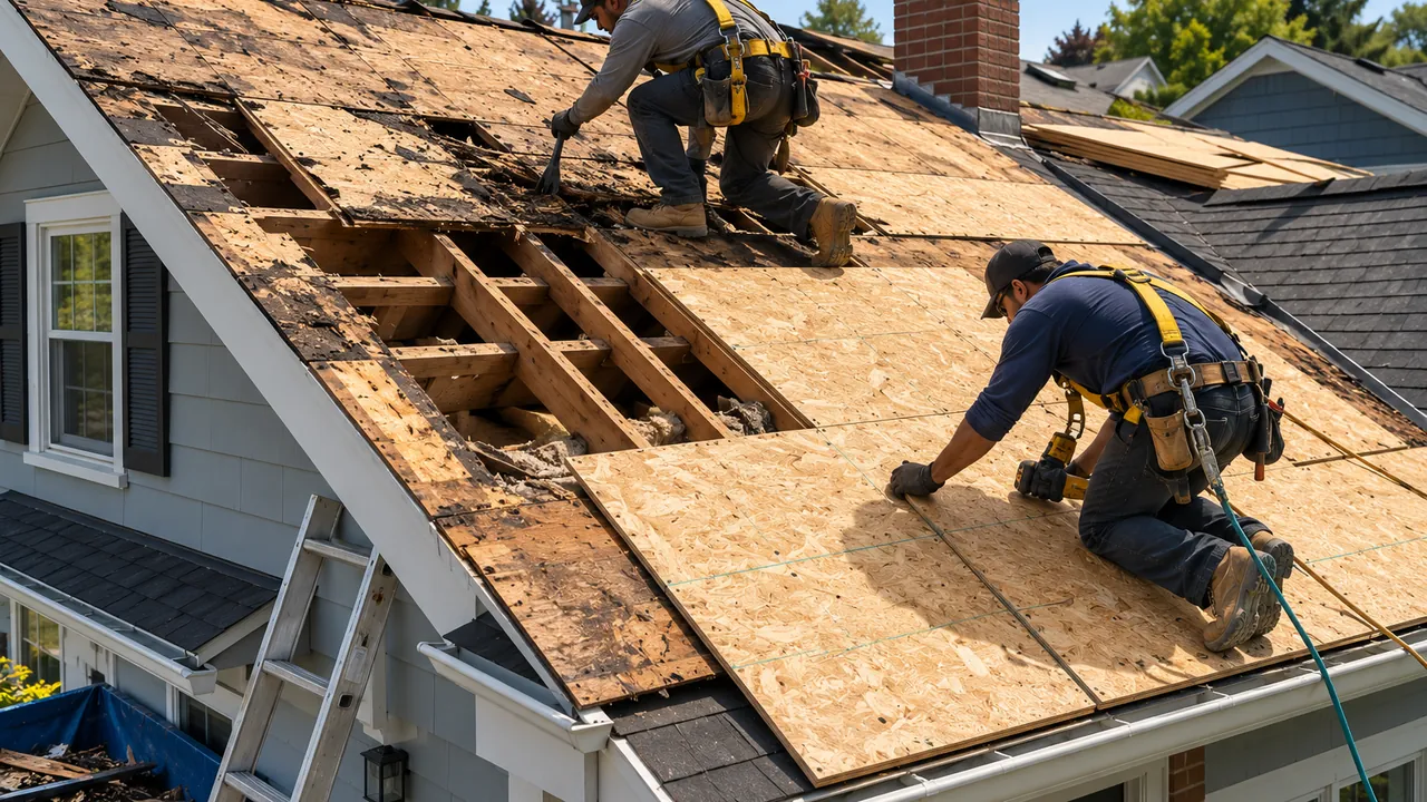 Crew repairing a damaged decking.