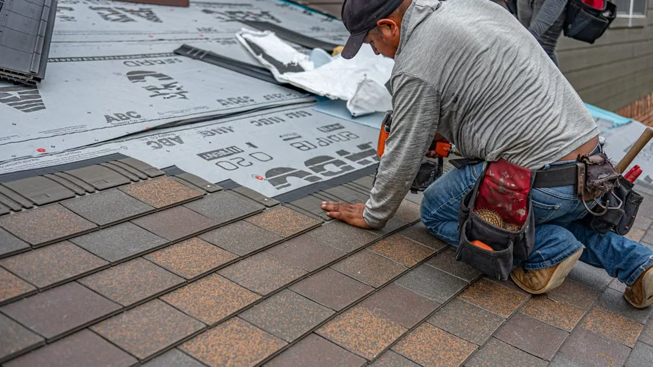 Roofer installing shingles on a new roof
