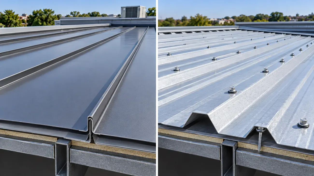 Standing-seam versus exposed-fastener metal roofing side-by-side.